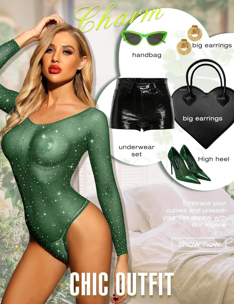 RSLOVE Women Lingerie Fishnet Bodysuit Sparkle Rhinestone Sexy Mesh Teddy Lingerie - Image 3